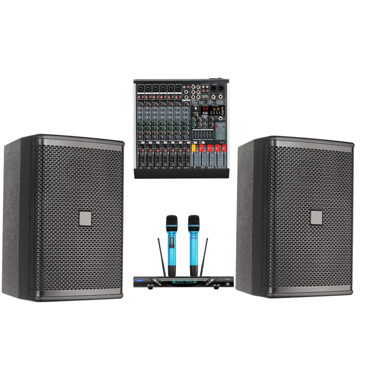 professional 4PCS sets 8-inch Active speakers+8CHA audio mixer+UHF wireless MIC Sound system Equipment metal family church party