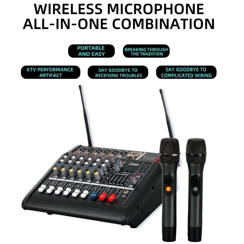 Professional 6 Channel Sound Mixer Built-in Amp with Dual Wireless Mics, Karaoke Stage Studio DJ Controller/Audio Console Mixer