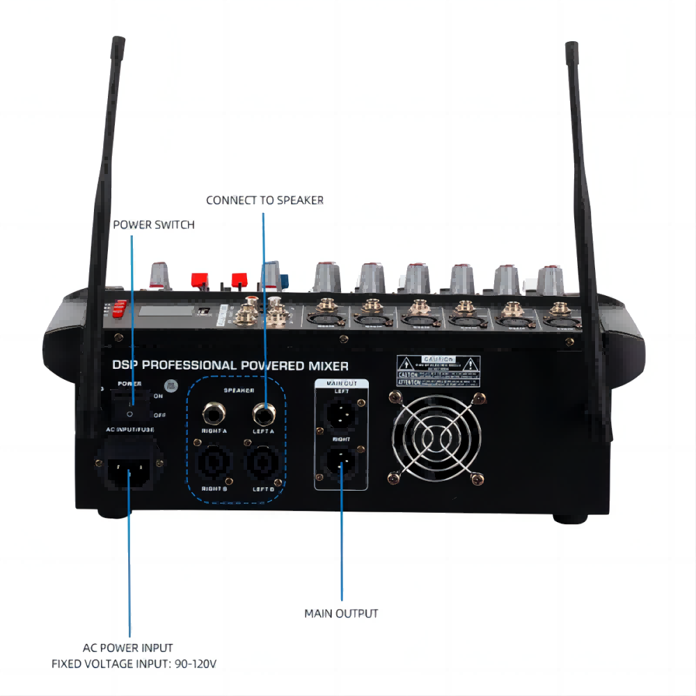 Professional 6 Channel Sound Mixer Built-in Amp with Dual Wireless Mics, Karaoke Stage Studio DJ Controller/Audio Console Mixer