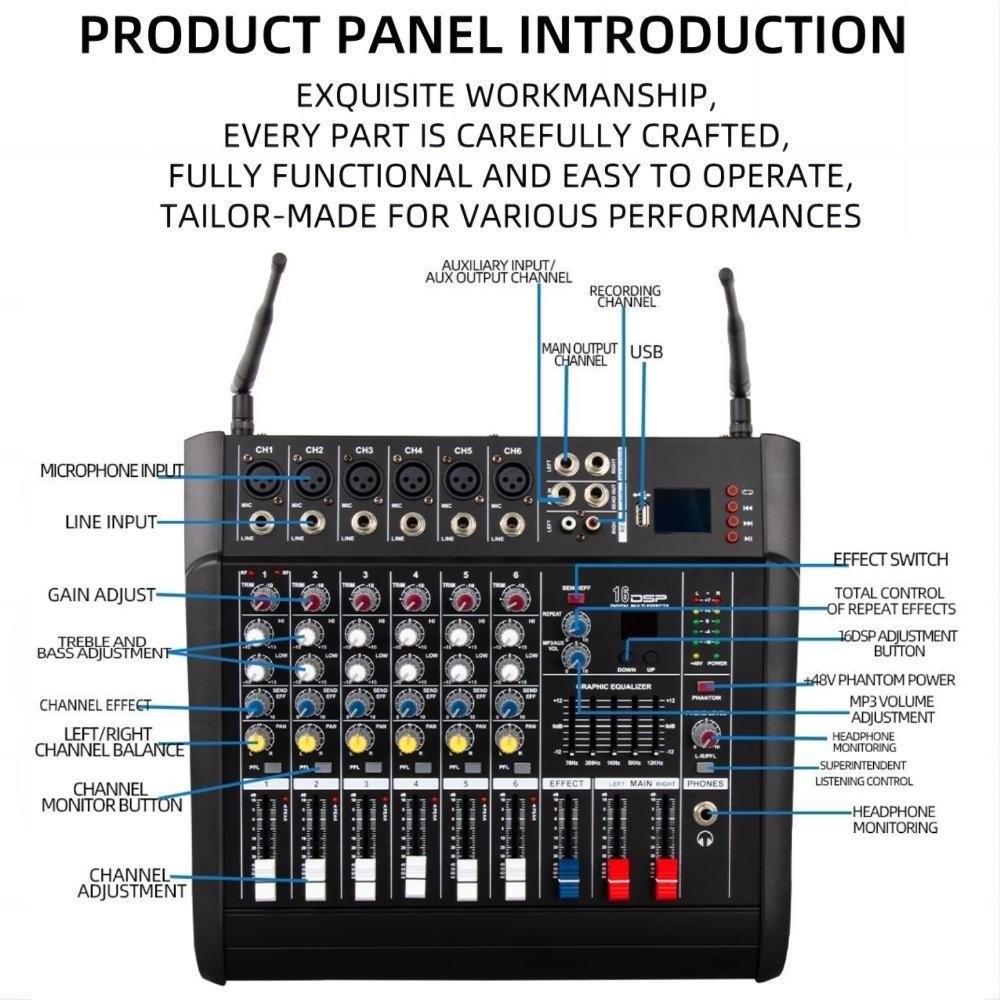 Professional 6 Channel Sound Mixer Built-in Amp with Dual Wireless Mics, Karaoke Stage Studio DJ Controller/Audio Console Mixer