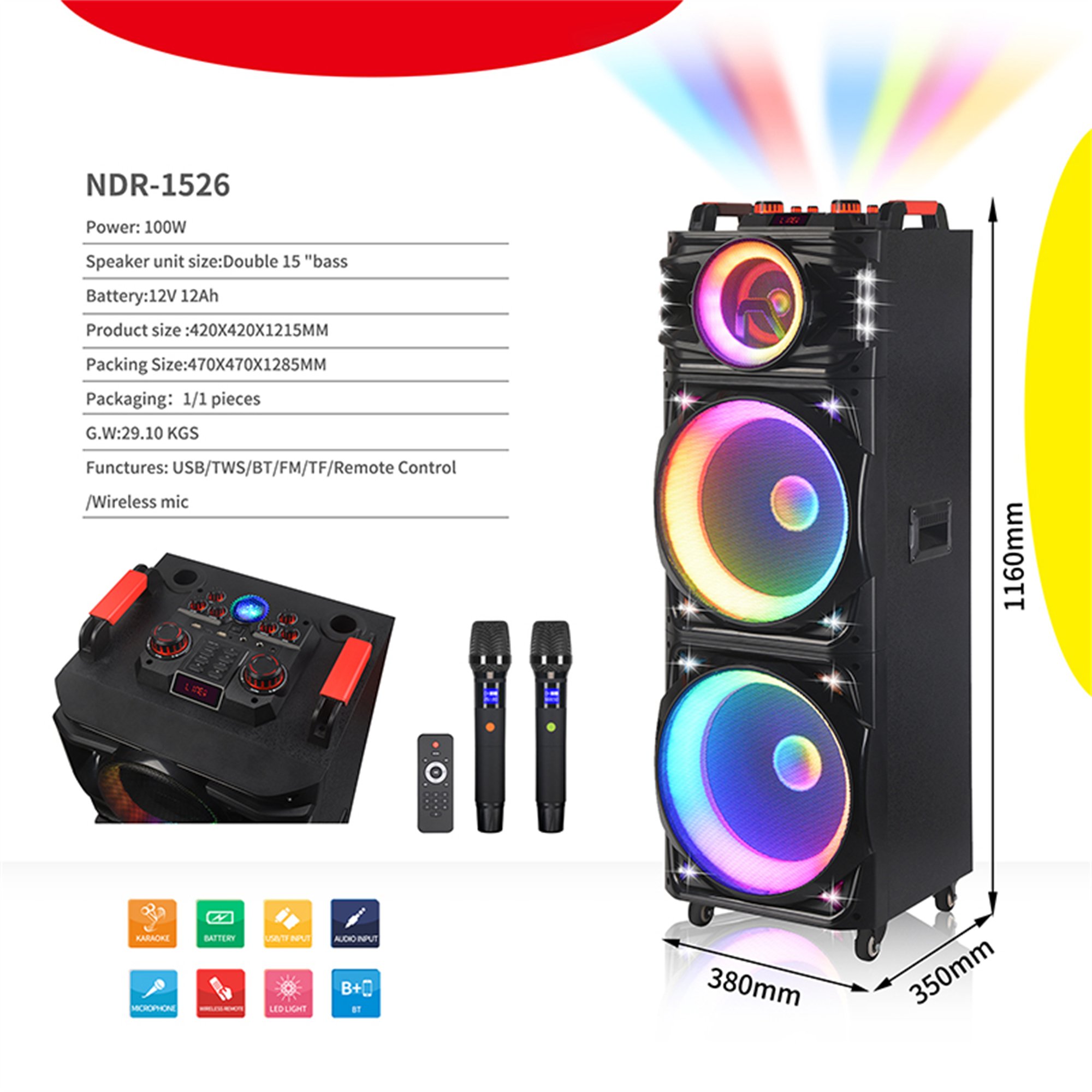 Dual 15inch Dj Wireless Speaker Led Rgb Lighting Super Bass Stereo Sound Equipment Amplifiers Speaker