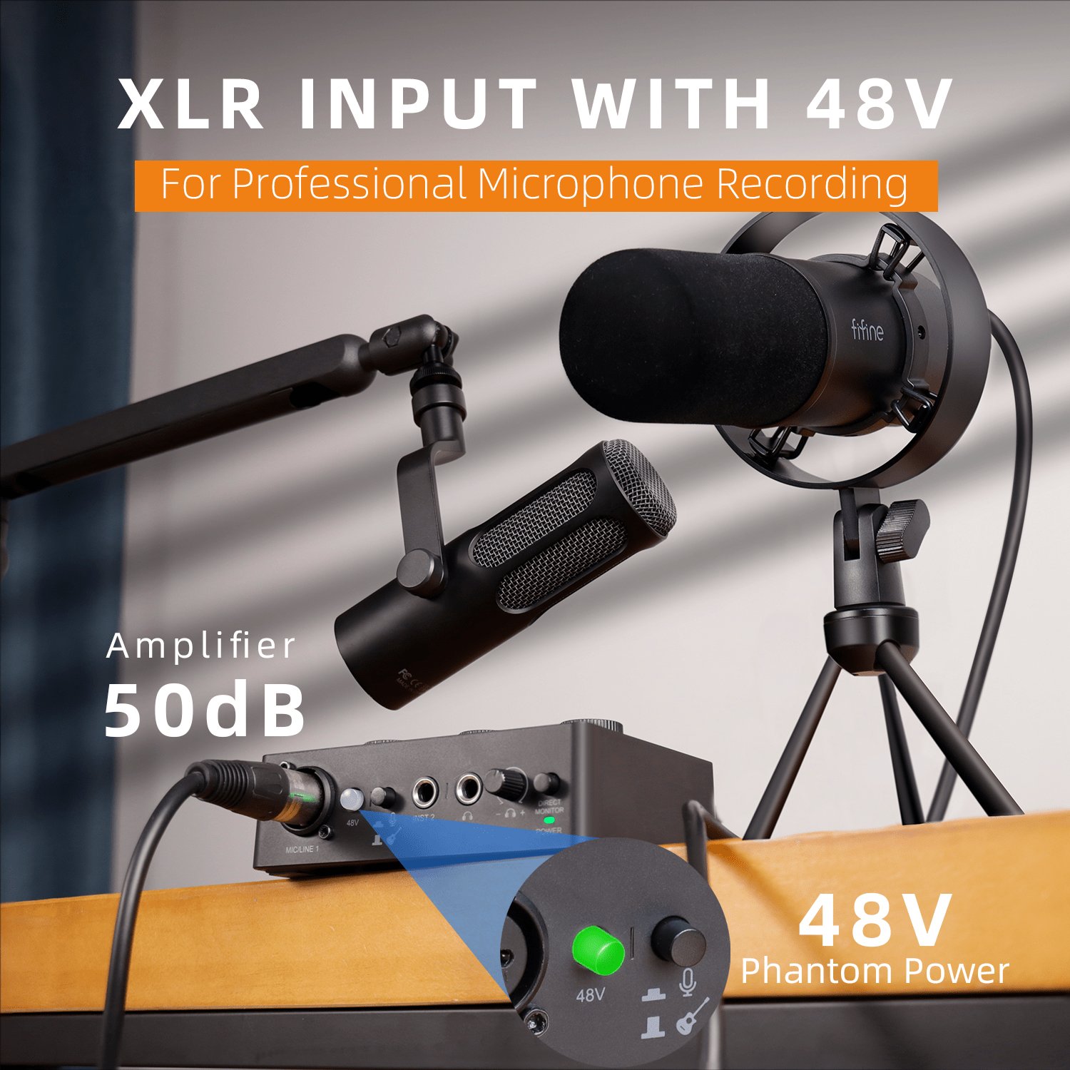 Fifine Adjustable Audio Interface Recording Studio Sound Card XLR Dynamic Podcast Microphone Live Broadcast Equipment Set