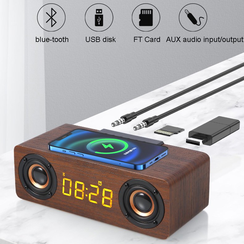 multi function 10W 2 horns amplifier Blue-tooth 5.0 Wooden Computer Wireless Speaker Alarm clock wireless charger