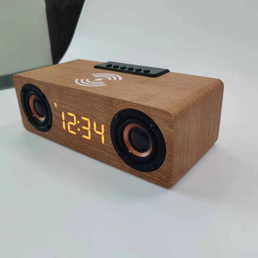 multi function 10W 2 horns amplifier Blue-tooth 5.0 Wooden Computer Wireless Speaker Alarm clock wireless charger