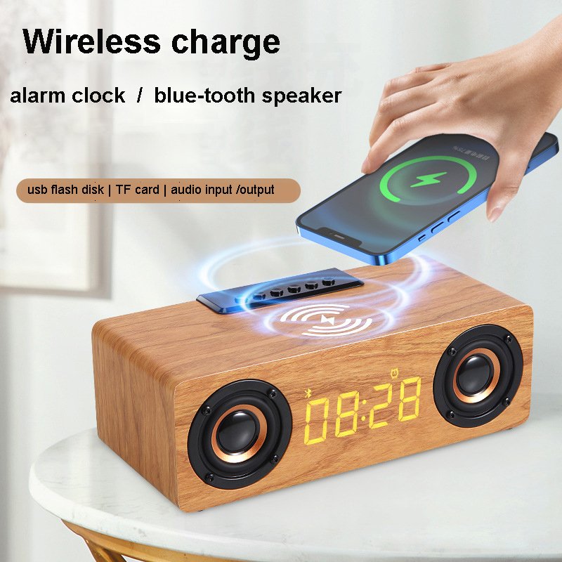 multi function 10W 2 horns amplifier Blue-tooth 5.0 Wooden Computer Wireless Speaker Alarm clock wireless charger