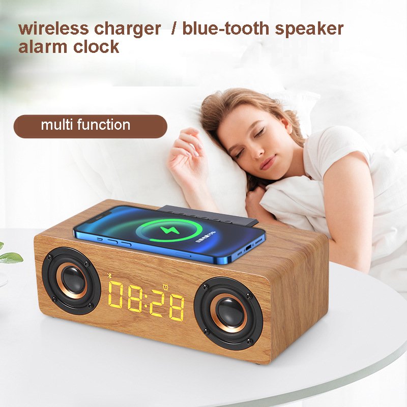 multi function 10W 2 horns amplifier Blue-tooth 5.0 Wooden Computer Wireless Speaker Alarm clock wireless charger
