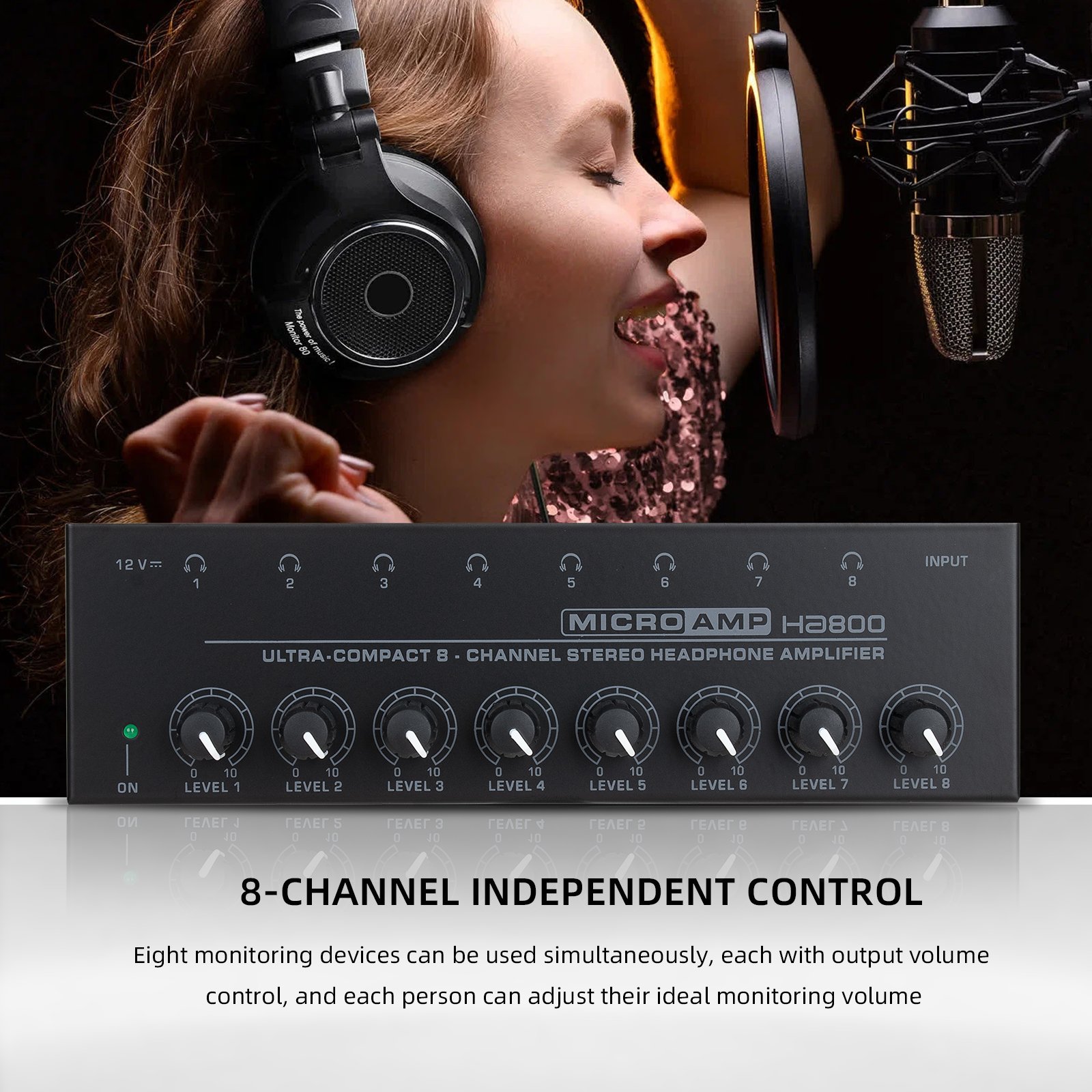 HA800 Headphone Amplifier 8 Channel Metal Stereo Audio Amplifier for Studio Stage Mini Earphone Splitter