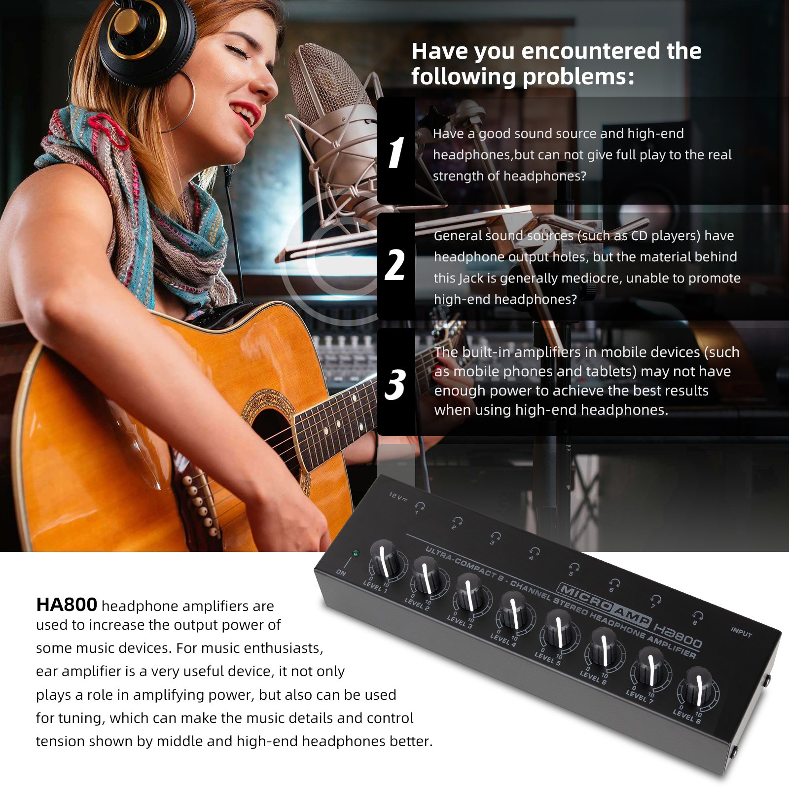 HA800S hi-fi headphone amplifier 8 channel mobile phone computer mixer mono/stereo headset monitor earphone audio splitter