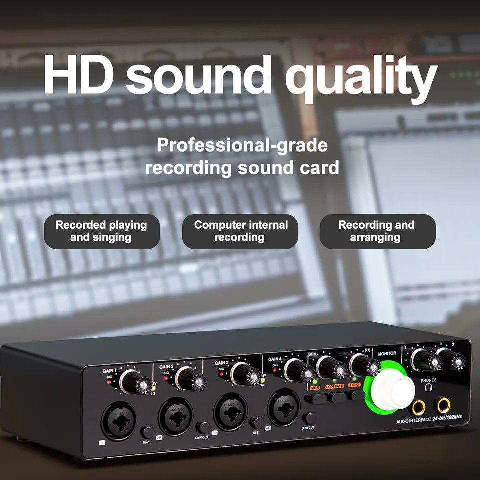 Hot Selling MD44 The Newest 4 Channel Audio Sound Card 4 in 4 Interface de Audio for Podcast Recording Music Instrument
