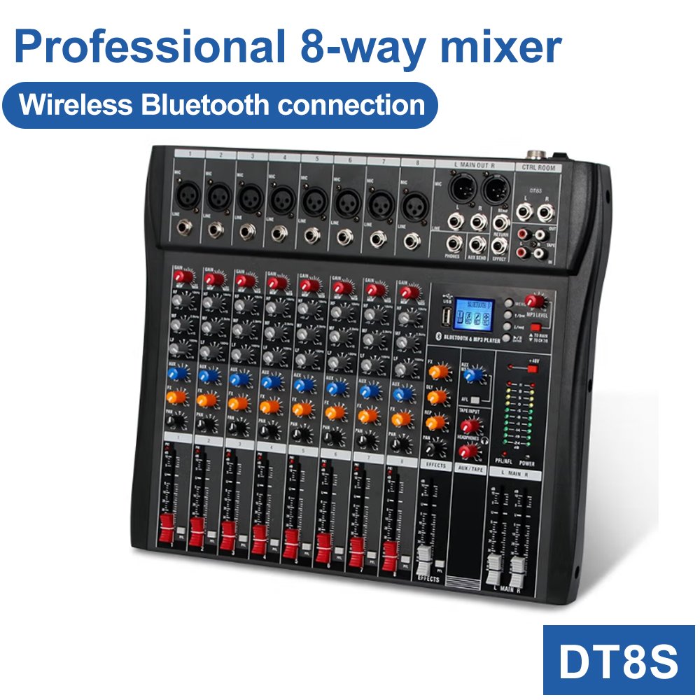 Biner D812 Professional 8 Channel Audio Mixer With Pure Post-Power Amplifier With Power 350w Sound Speaker With Mic