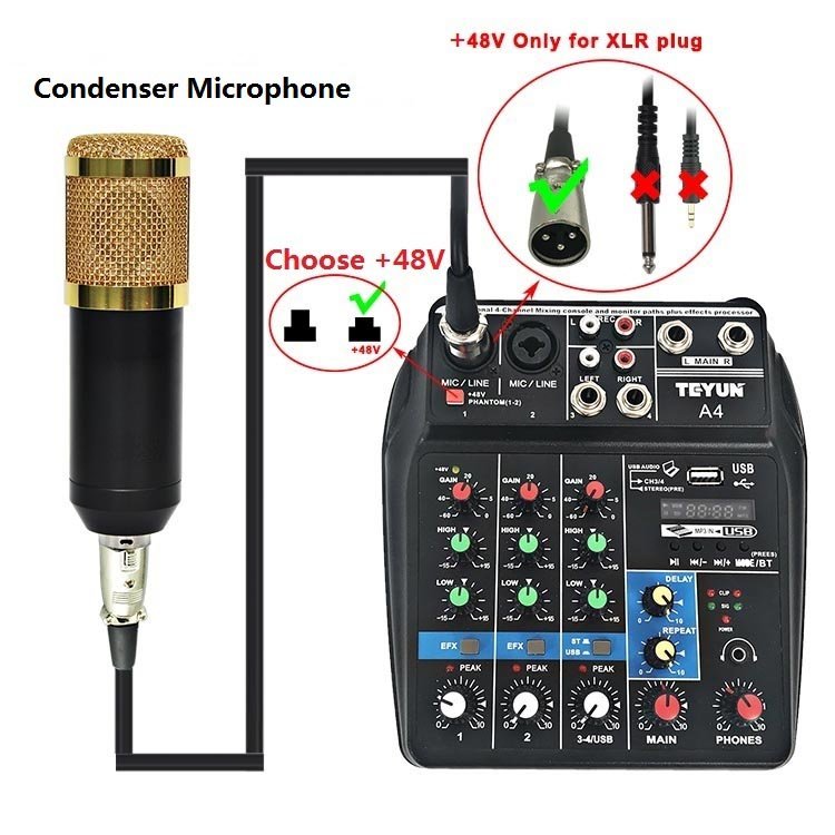 TEYUN A4 4 Channels Sound Console Equipment Audio Dj Mixer/ Video Mixer/Karaoke Live 4 Channel Mixing Console With Sound Card