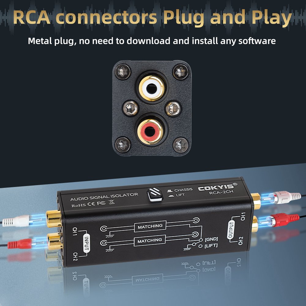 Portable dual-channel RCA interface passive audio signal isolator for meeting studio sound equipment to eliminate current noise