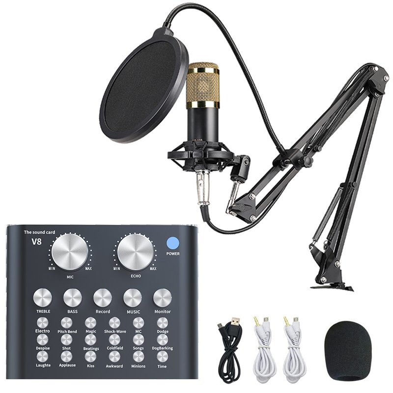 Podcast Equipment Kit, V8, V9 M9 Mic Sound Card, Audio Mixer & BM800 Condenser Microphone Kit, for Streaming Media, Recording