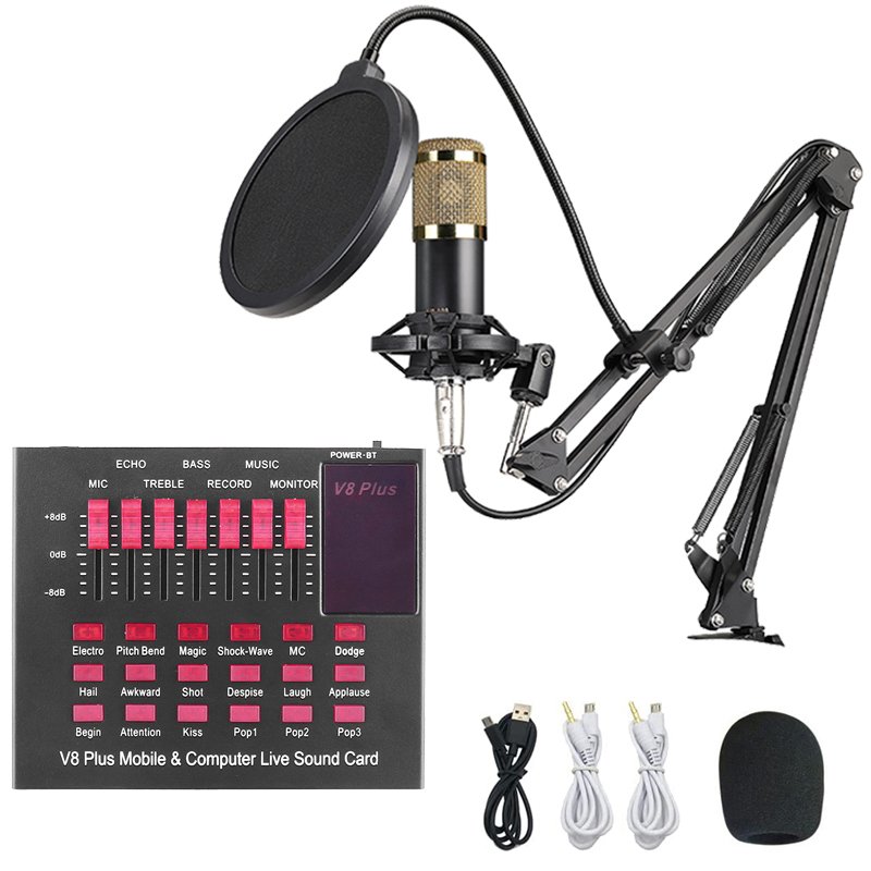 Podcast Equipment Kit, V8, V9 M9 Mic Sound Card, Audio Mixer & BM800 Condenser Microphone Kit, for Streaming Media, Recording