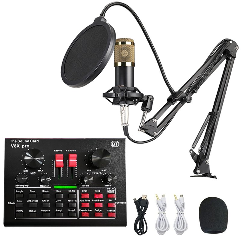 Podcast Equipment Kit, V8, V9 M9 Mic Sound Card, Audio Mixer & BM800 Condenser Microphone Kit, for Streaming Media, Recording