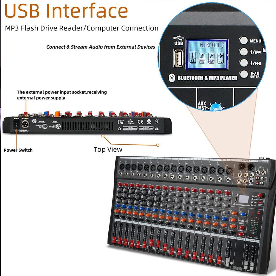 OEM DX16 Professional 16 Channel Dj Controller USB Audio Mixer For Guitar Electronic Organ Pure Power Amplifier