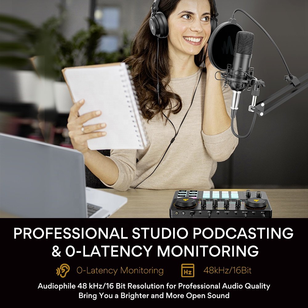 MAONOCASTER Podcast Equipment Bundle Podcast Mixer Condenser Microphone DJ Headphone Monitor Speaker Podcast Sound Cards Mixers