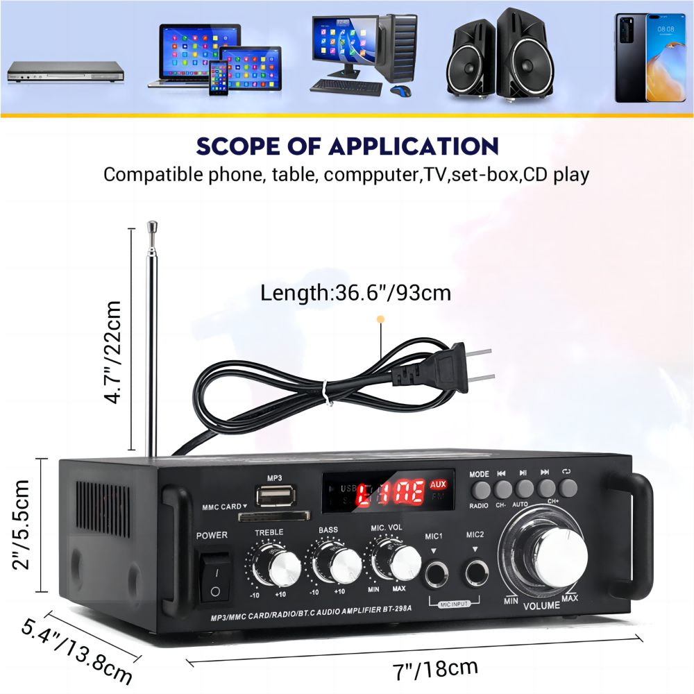 BT-298A 300W*2 Digital HIFI Audio Stereo Power Amplifier Audio Display MP3 FM Radio Karaoke Woofer Car BT Amplifier Board