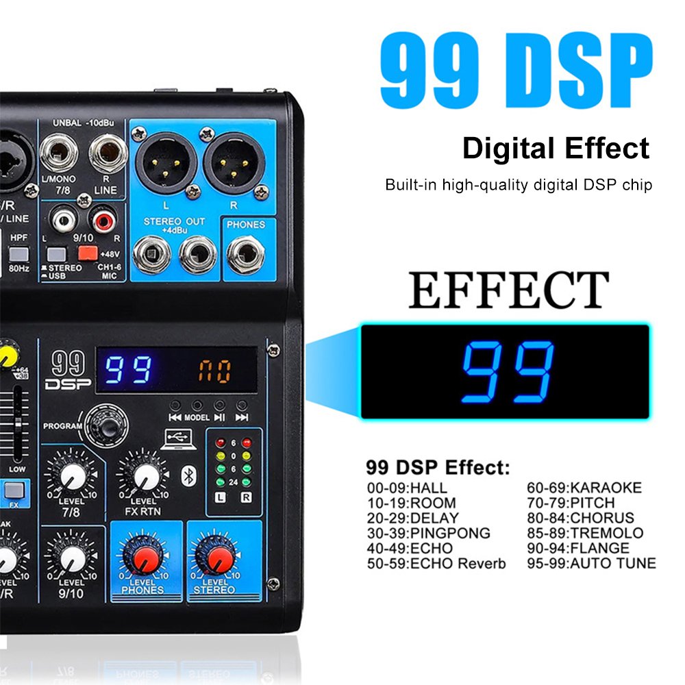 Mesa de Som 6 Canal, 99DPS + EQ + Bluetooth + USB +48V power supply number live performance mixer