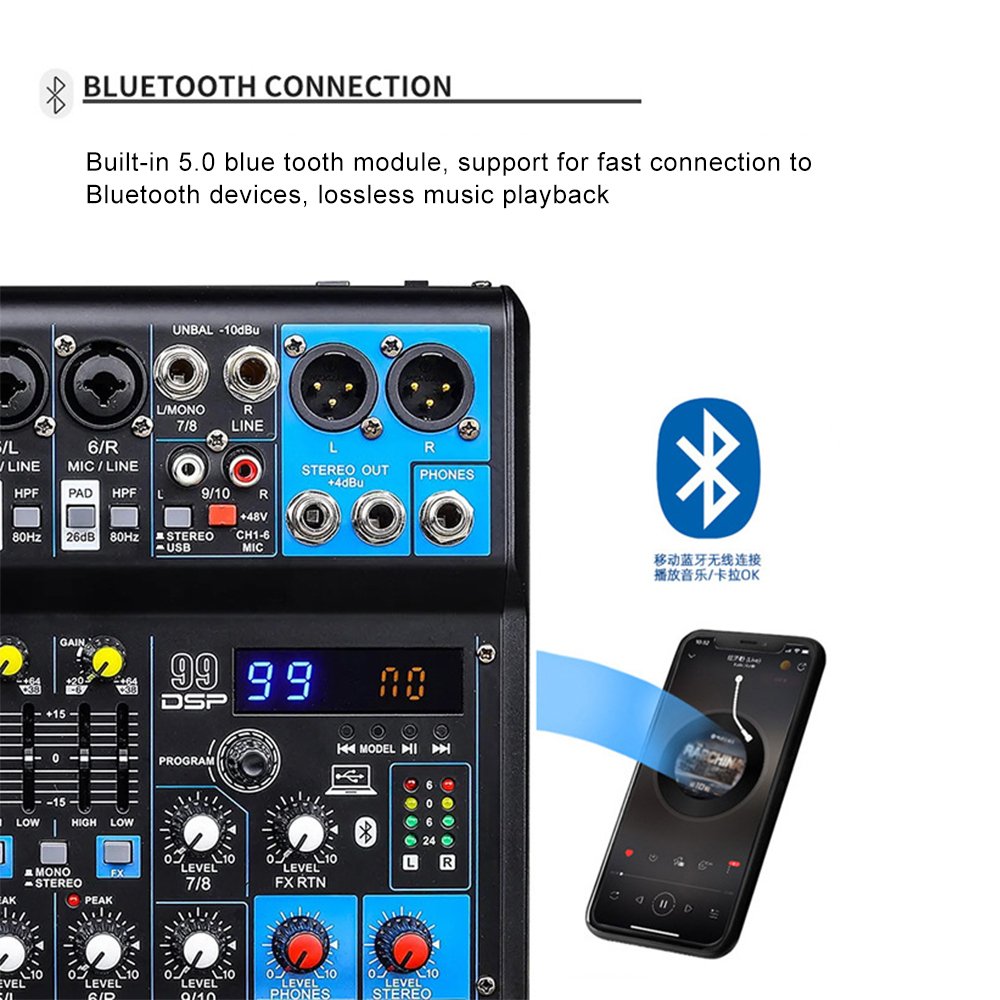 Mesa de Som 6 Canal, 99DPS + EQ + Bluetooth + USB +48V power supply number live performance mixer