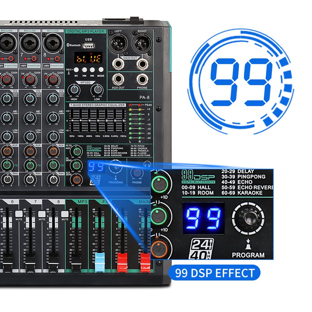 Biner PA8 Professional Console MP3 Computer Input Built-in 99 Reverb Effect 8 Channel Digital professional audio mixer