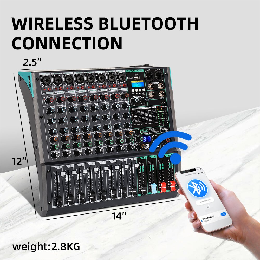 Biner PA8 Professional Console MP3 Computer Input Built-in 99 Reverb Effect 8 Channel Digital professional audio mixer