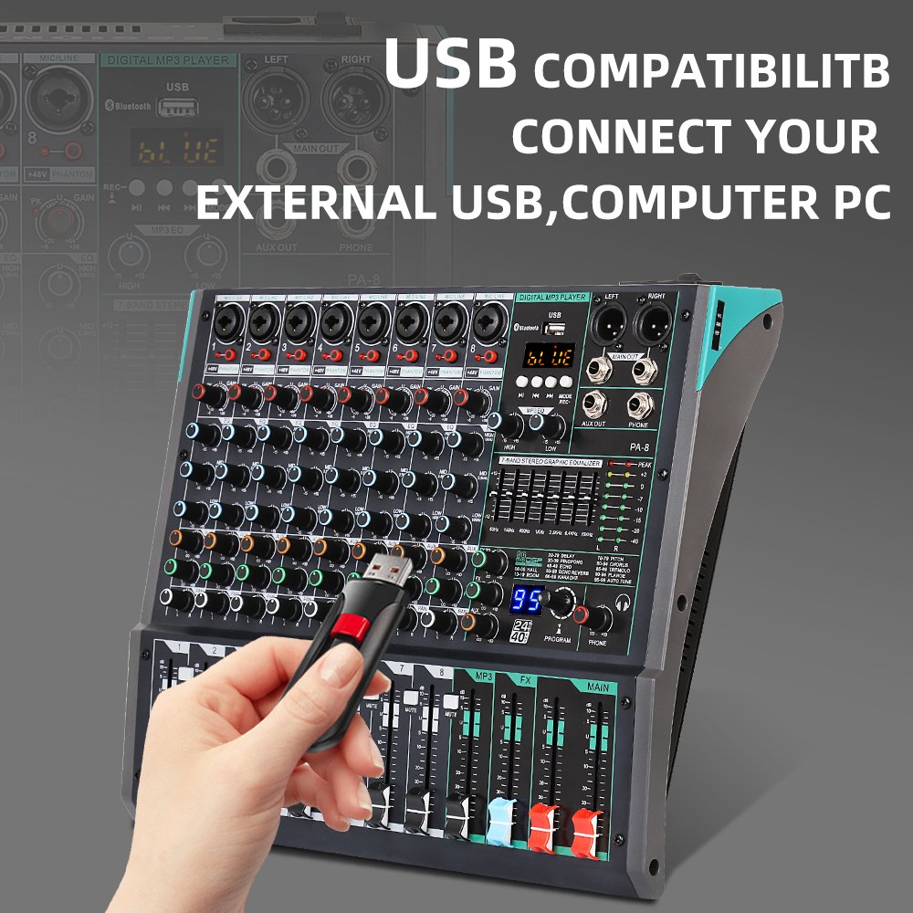 Biner PA8 Professional Console MP3 Computer Input Built-in 99 Reverb Effect 8 Channel Digital professional audio mixer
