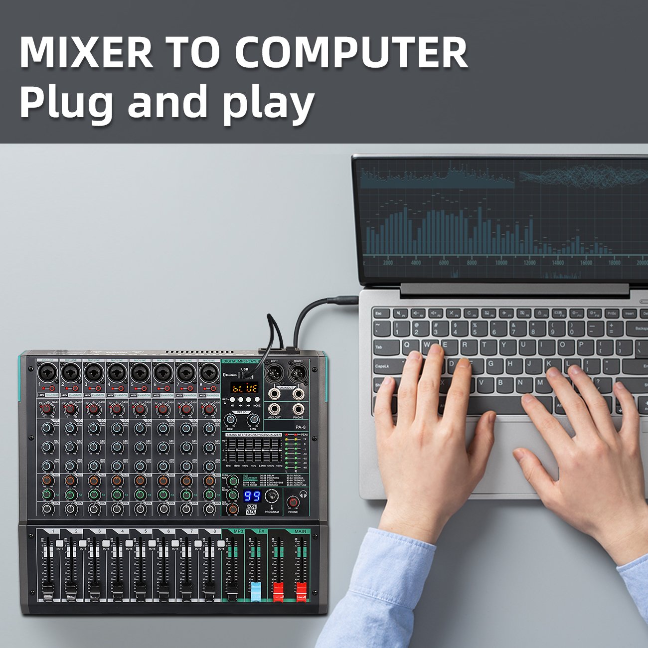 Biner PA8 Professional Console MP3 Computer Input Built-in 99 Reverb Effect 8 Channel Digital professional audio mixer