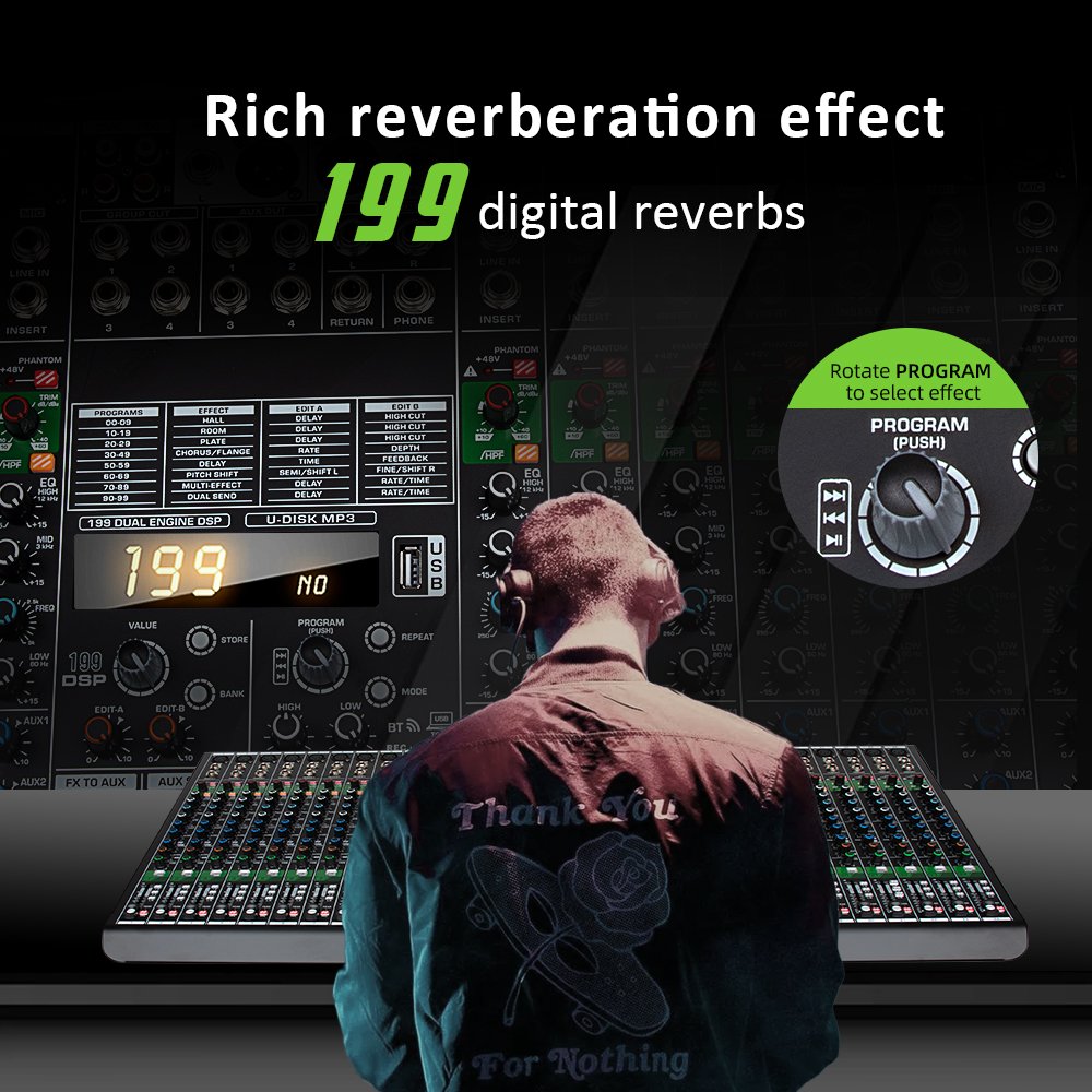 MQX24 professional mixer 24 channel with Bluetooth+USB+199DPS reverb effect audio mixer for DJ stage real-time monitor recording