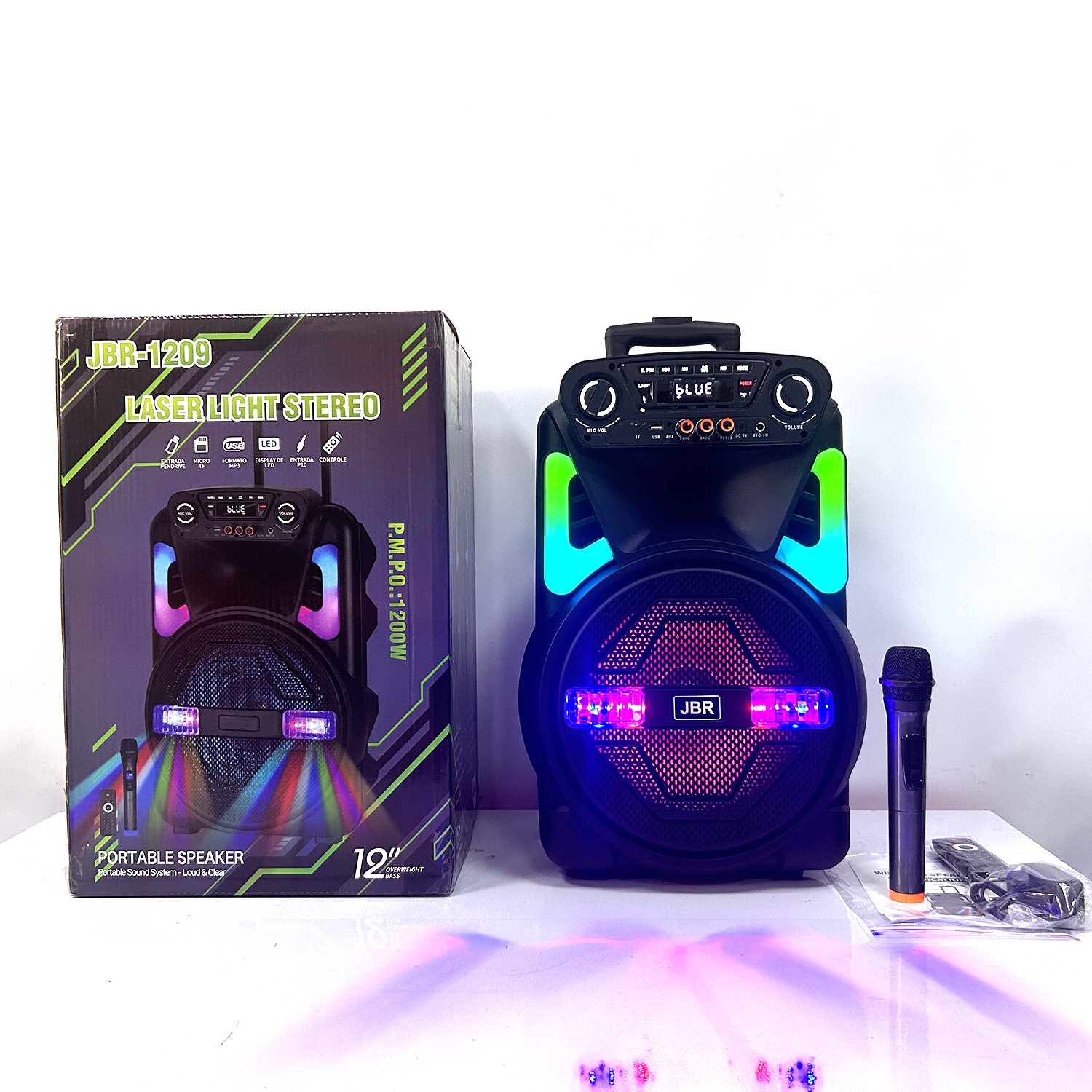 JBR-1209 12 inch Portable outdoor wireless BT supper bass trolley active Speaker Stereo subwoofer Karaoke Party DJ light speaker