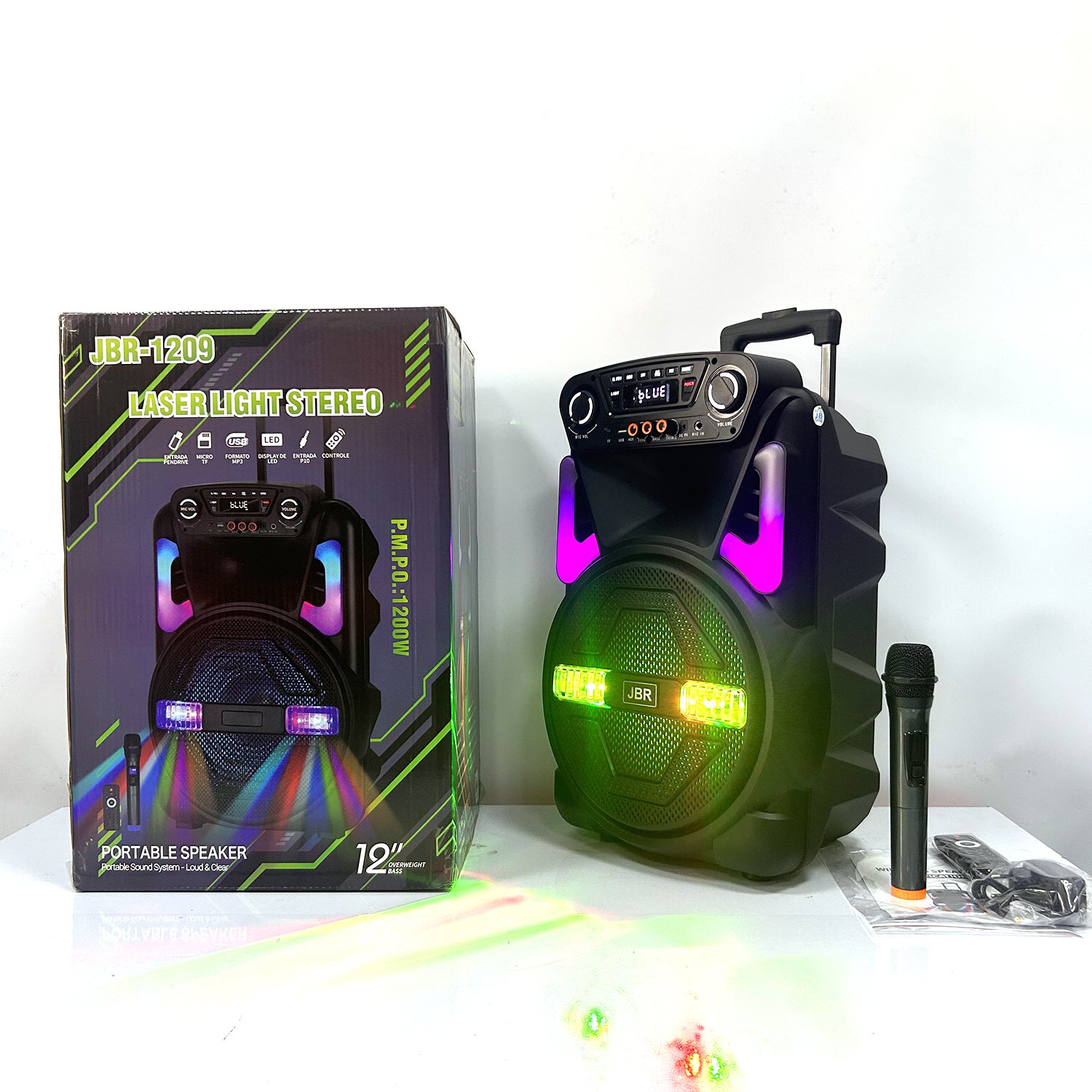 JBR-1209 12 inch Portable outdoor wireless BT supper bass trolley active Speaker Stereo subwoofer Karaoke Party DJ light speaker