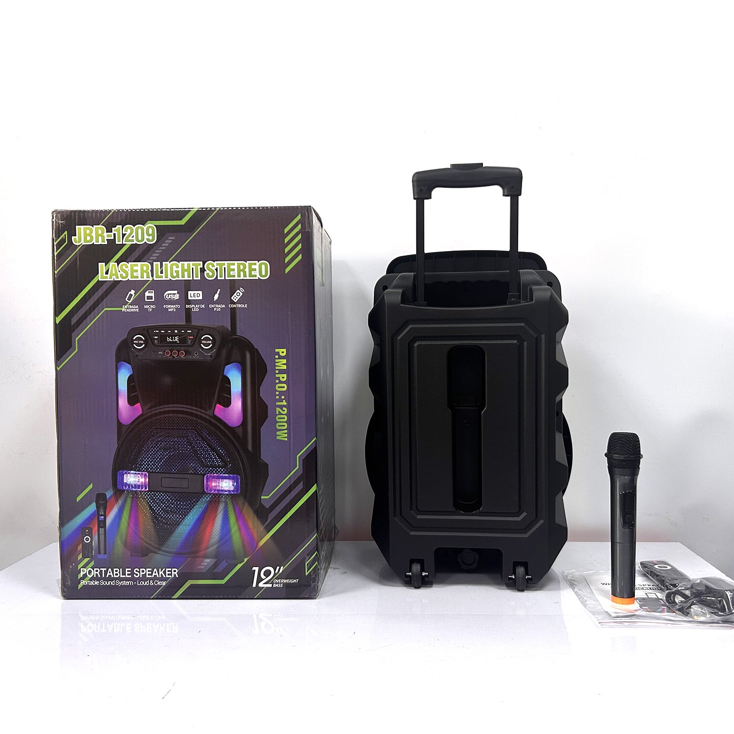 JBR-1209 12 inch Portable outdoor wireless BT supper bass trolley active Speaker Stereo subwoofer Karaoke Party DJ light speaker