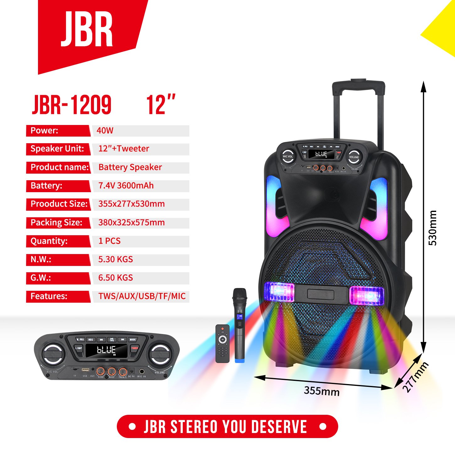 JBR-1209 12 inch Portable outdoor wireless BT supper bass trolley active Speaker Stereo subwoofer Karaoke Party DJ light speaker