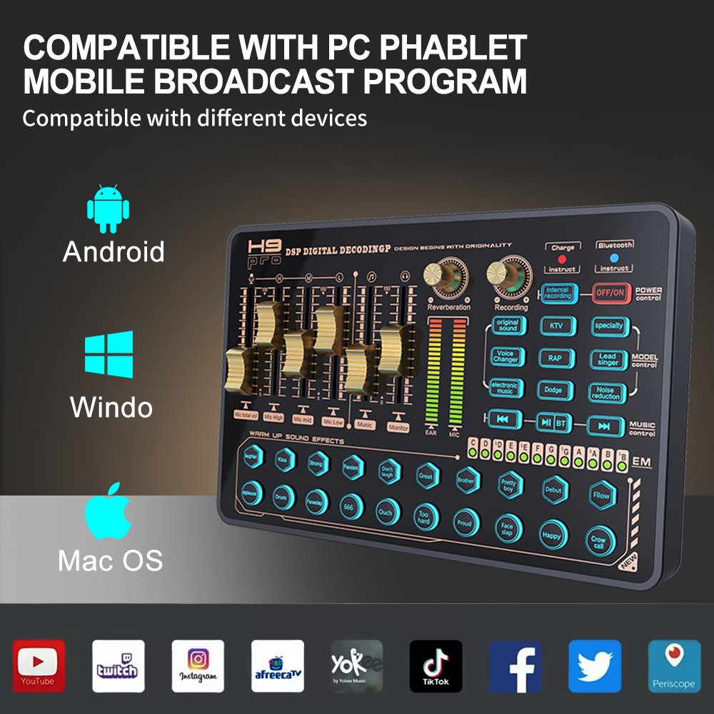 V9 Sound Card with Microphone and Mic stand Kit for Live Singing Podcast Gaming with Noise canceling, multiple sound effects