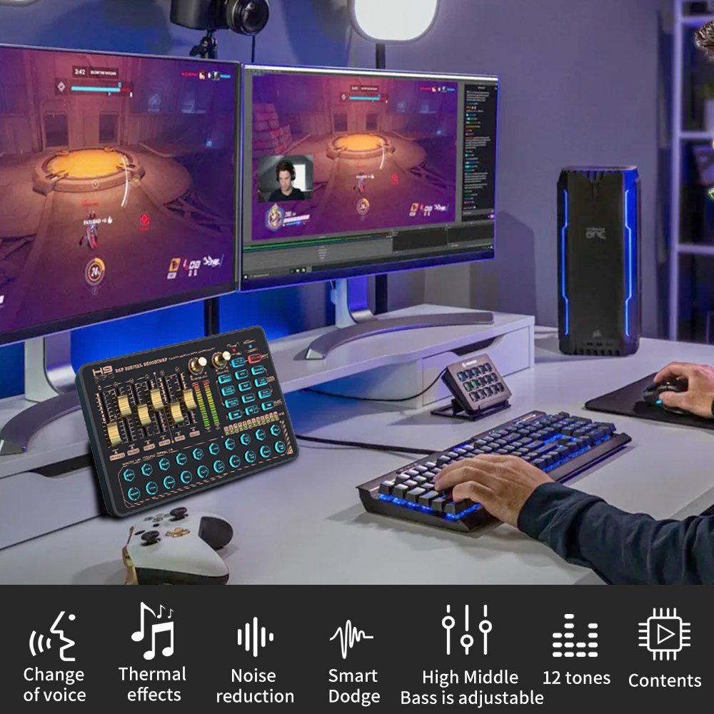 V9 Sound Card with Microphone and Mic stand Kit for Live Singing Podcast Gaming with Noise canceling, multiple sound effects