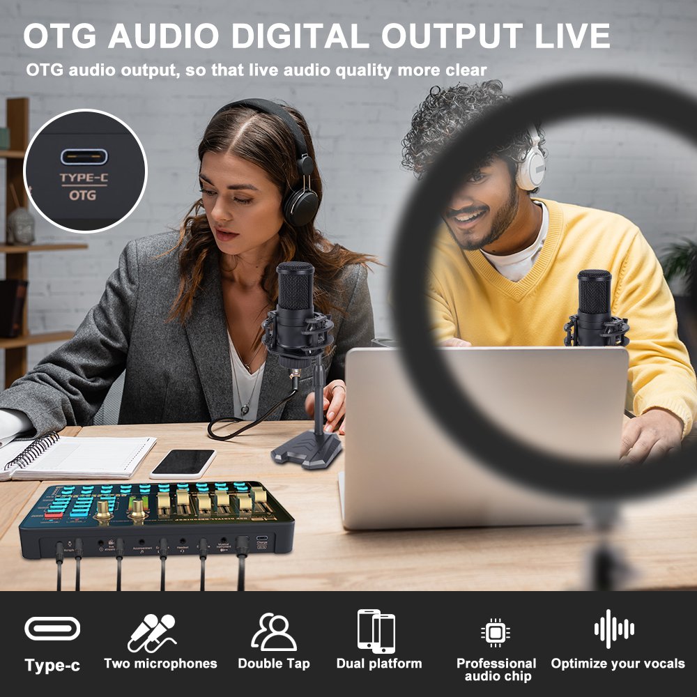 V9 Sound Card with Microphone and Mic stand Kit for Live Singing Podcast Gaming with Noise canceling, multiple sound effects