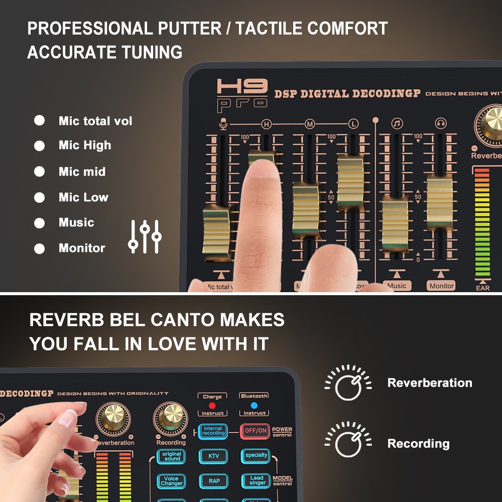 V9 Sound Card with Microphone and Mic stand Kit for Live Singing Podcast Gaming with Noise canceling, multiple sound effects
