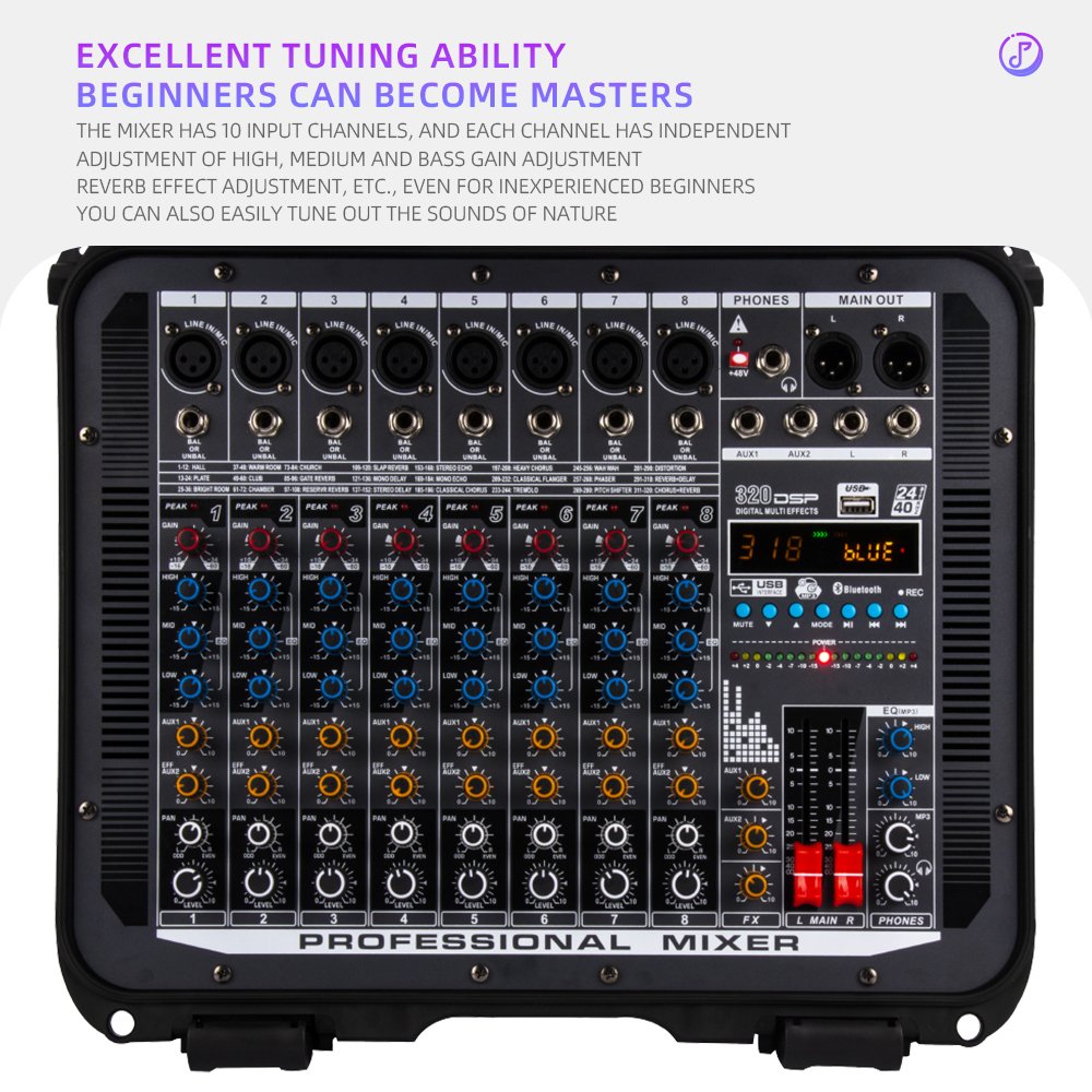 Portable 8 channel usb mixing console with amplifier all-in-one toolbox stage high power 320DSP digital amplifier mixer