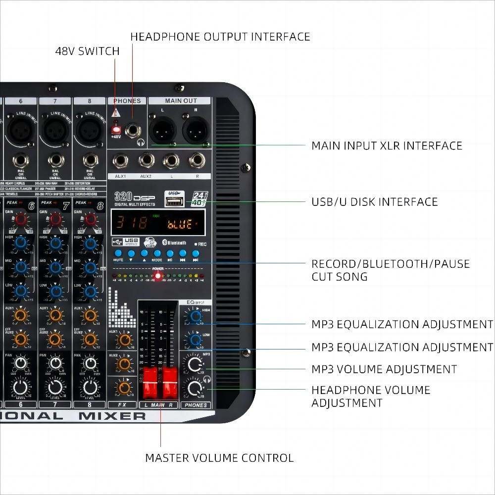 Portable 8 channel usb mixing console with amplifier all-in-one toolbox stage high power 320DSP digital amplifier mixer