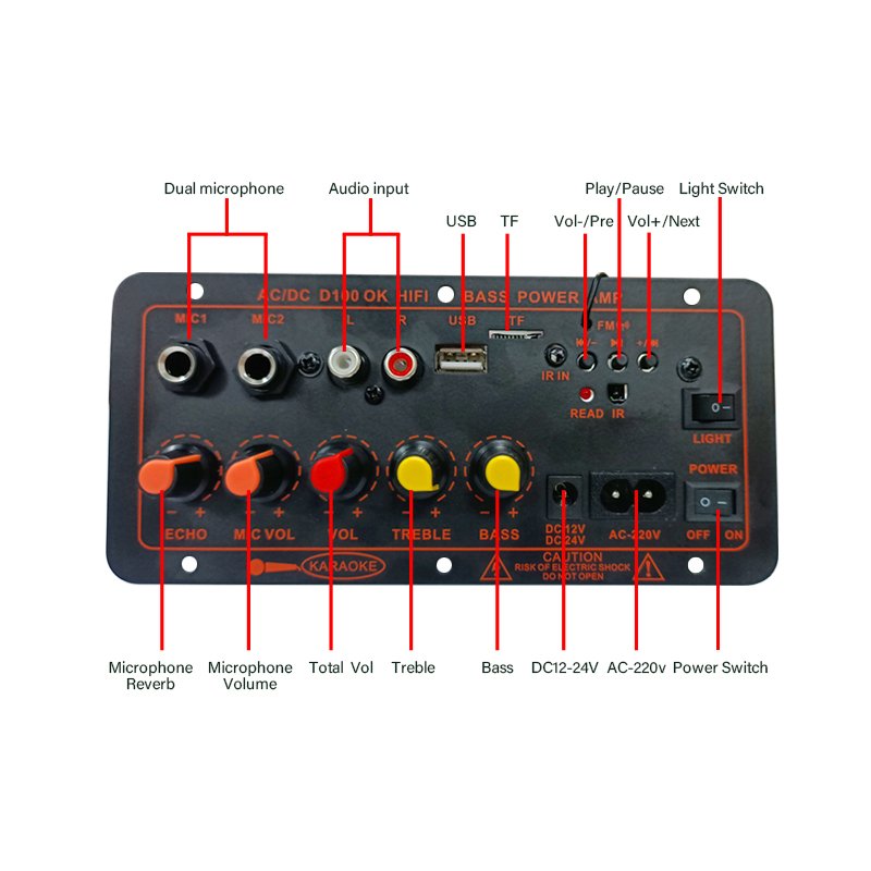 100W Audio Amplifier Circuit Board MP3 Player Bluetooth 5.0, FM Radio, Dual Microphone, IR Remote Control, AC/DC Input