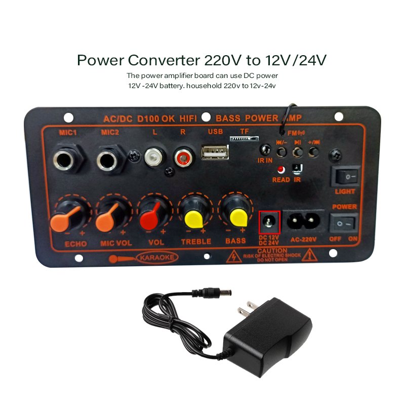 100W Audio Amplifier Circuit Board MP3 Player Bluetooth 5.0, FM Radio, Dual Microphone, IR Remote Control, AC/DC Input