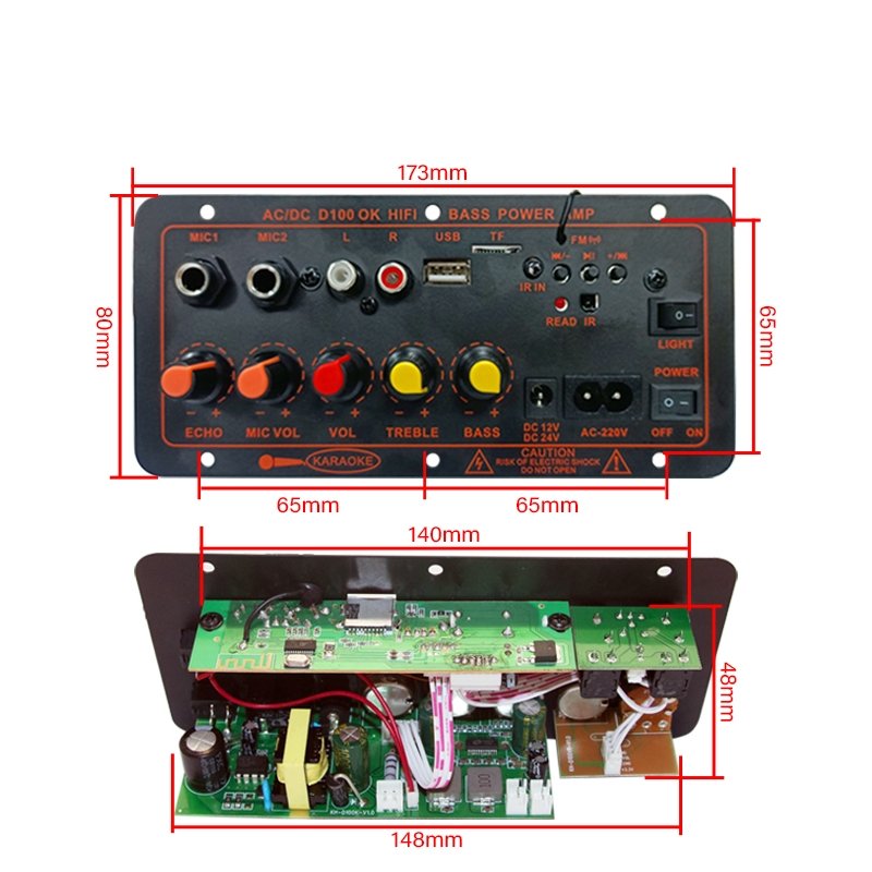 100W Audio Amplifier Circuit Board MP3 Player Bluetooth 5.0, FM Radio, Dual Microphone, IR Remote Control, AC/DC Input