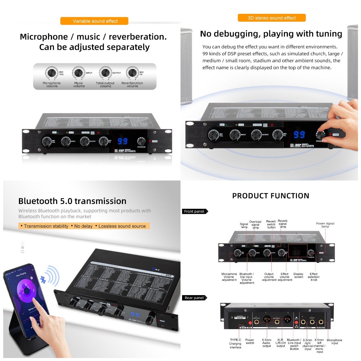 Professional Digital Audio Effector DSP99 Bluetooth Music Overdrive Reverb Analog Signal Device