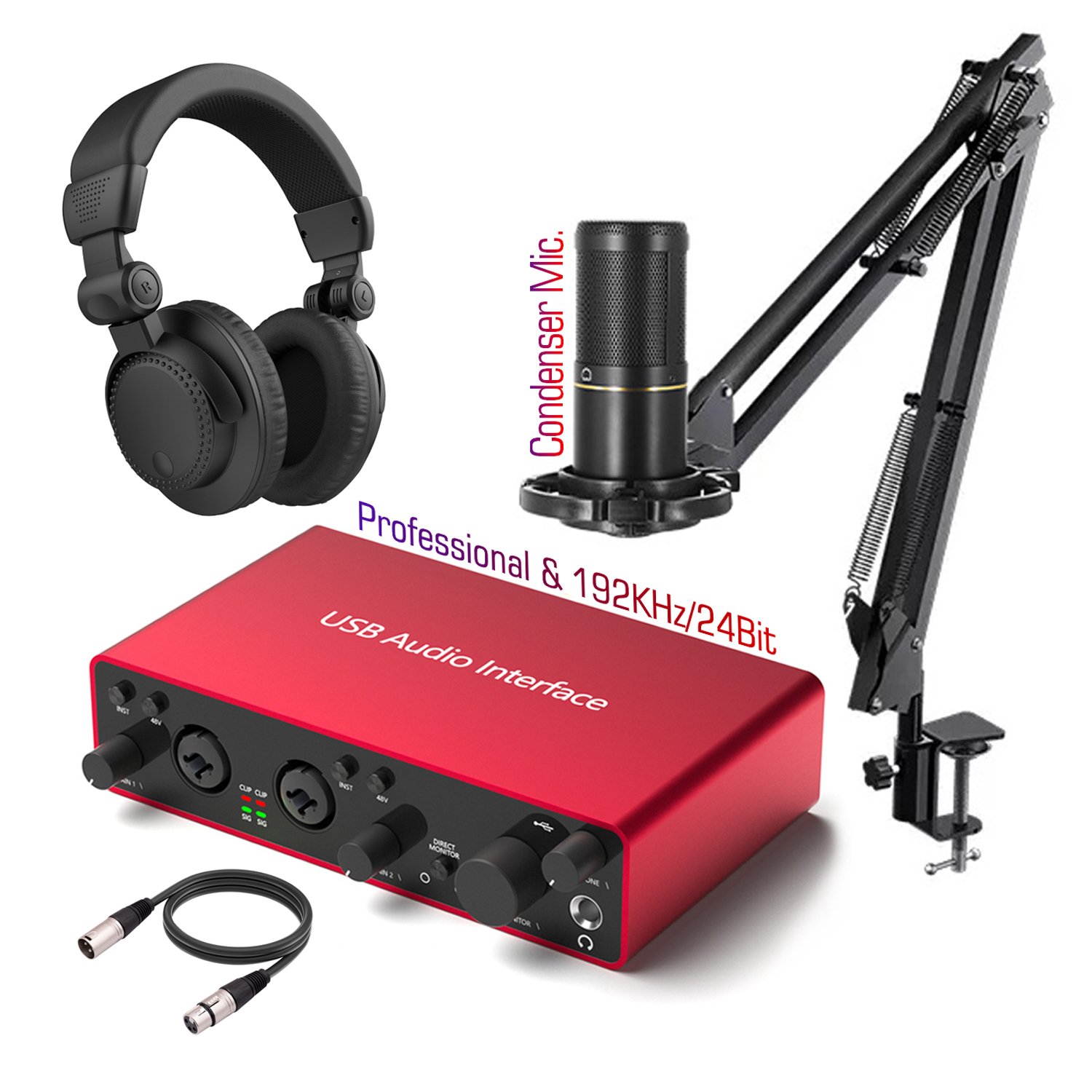 Professional Studio Condenser Microphone Monitor Headphone USB Audio Interface Sound Card Bracket Bundle Kit Podcast Recording