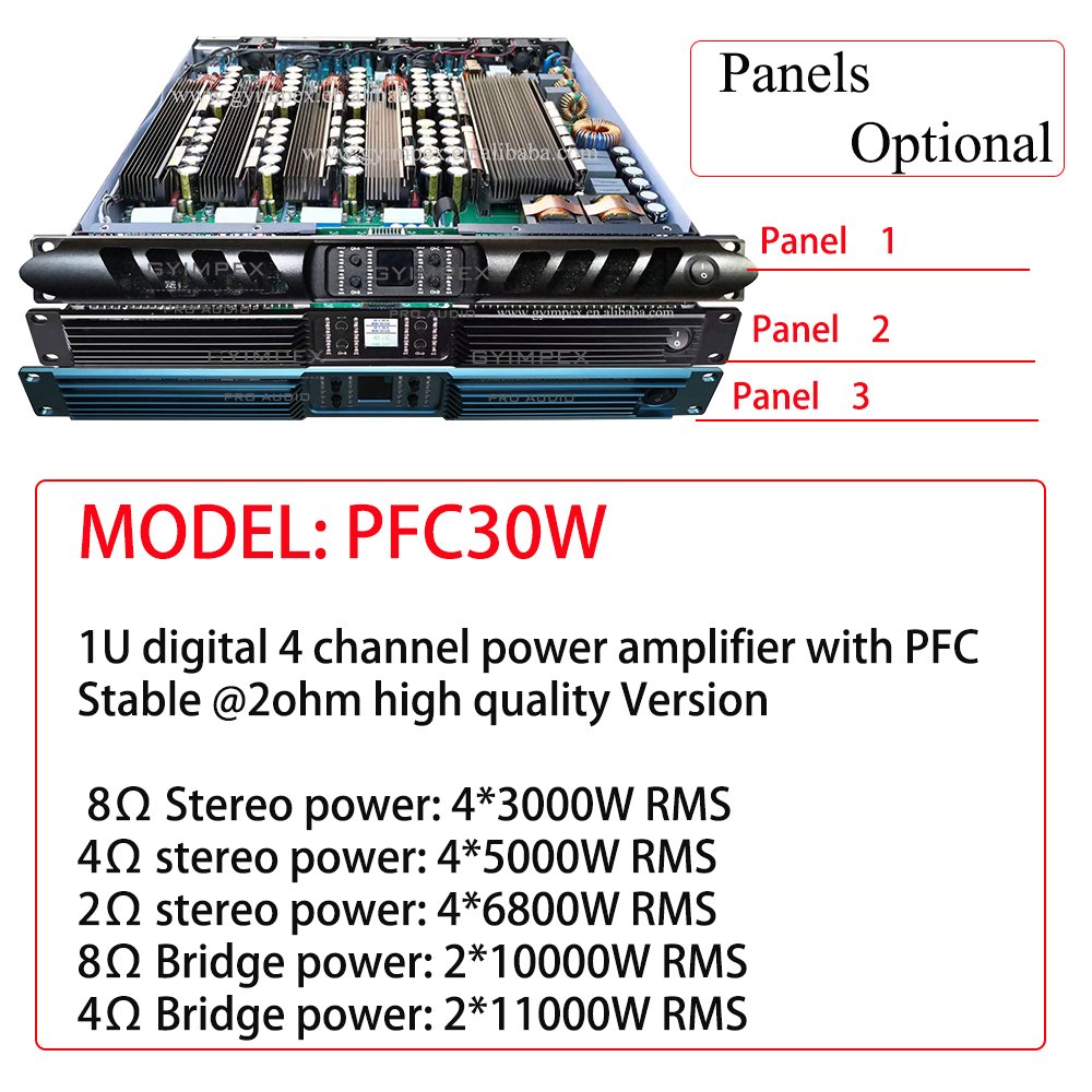 Super powerful 2ohm stable 6800watts bridge power 11000W RMS 1U digital 4 channel digital power amplifier with PFC PFC30W