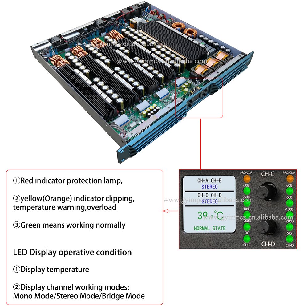 Super powerful 2ohm stable 6800watts bridge power 11000W RMS 1U digital 4 channel digital power amplifier with PFC PFC30W