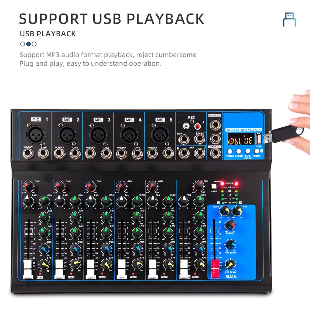 F7 7-channel audio sound card mixer for stage show KTV studio stereo mixer with USB bluetooth recording EQ monitoring system