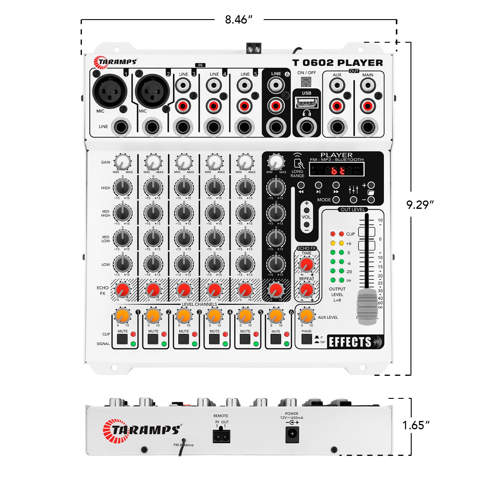 Taramps Audio Mixer T0602 Player 6 Input Channel 2 Output Remote Control USB FM MP3 DJ Mixer Bluetooth Equalizer Effect Echo FX