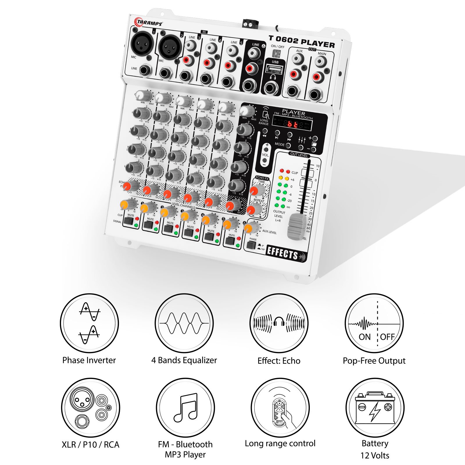 Taramps Audio Mixer T0602 Player 6 Input Channel 2 Output Remote Control USB FM MP3 DJ Mixer Bluetooth Equalizer Effect Echo FX