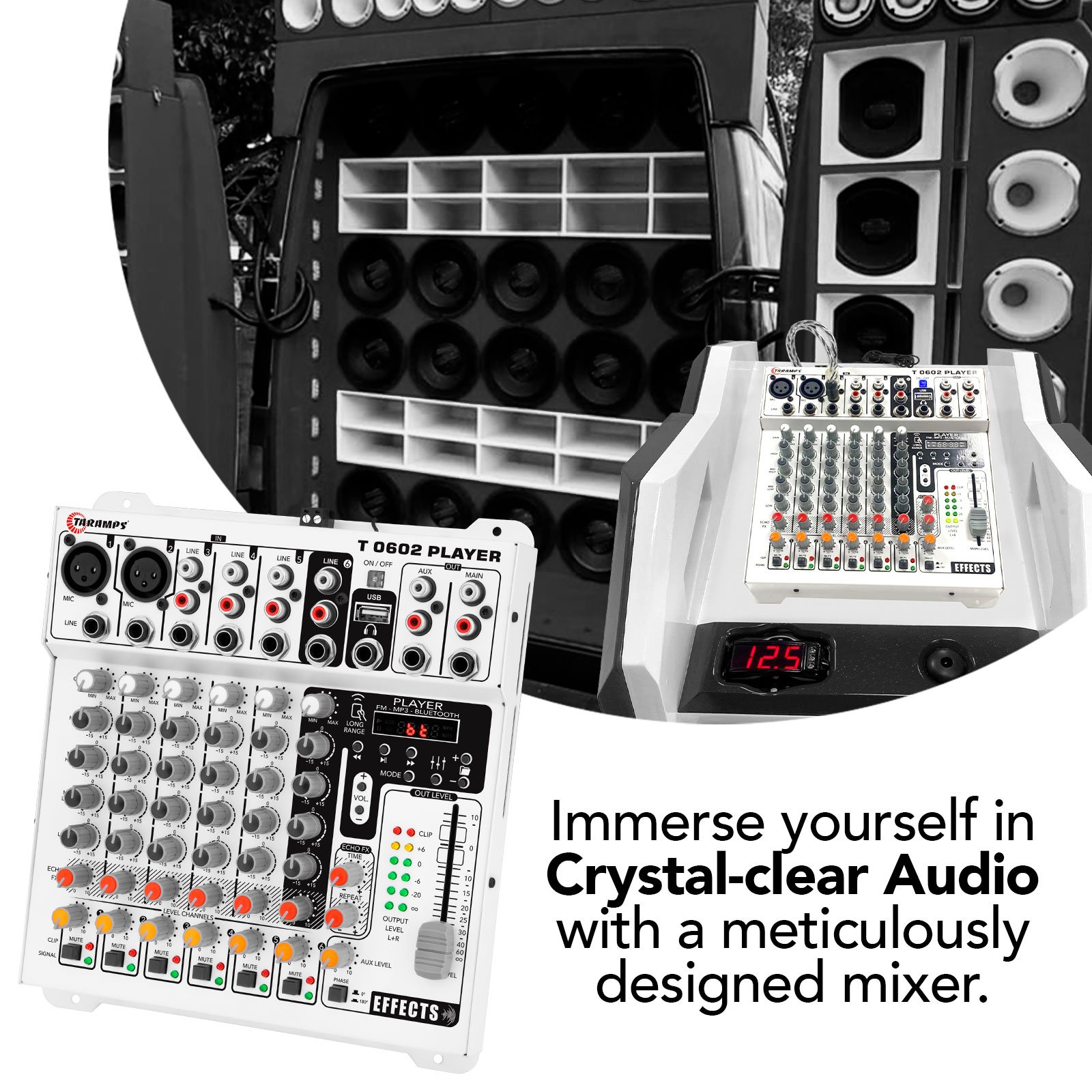 Taramps Audio Mixer T0602 Player 6 Input Channel 2 Output Remote Control USB FM MP3 DJ Mixer Bluetooth Equalizer Effect Echo FX